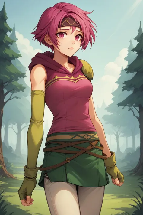 score_9, score_8_up, 1girl, solo, <lora:NSNeimiFE8:1> NSNeimiFE8, short hair, pink eyes, headband, uneven gloves, single pauldron, fingerless gloves, green gloves, single elbow glove, pink hoodie, sleeveless, green skirt, white pants, capri pants, pants under skirt, multiple belts, asymmetrical clothes, outdoors, forest