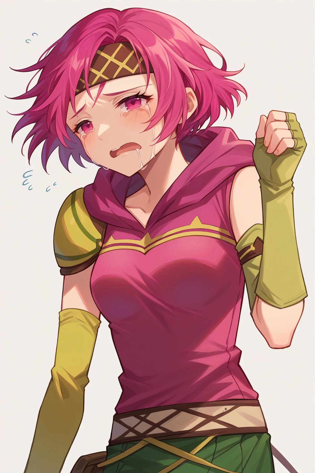 score_9, score_8_up, score_7_up, source anime, 1girl, solo, <lora:NSNeimiFE8:1> NSNeimiFE8, short hair, pink eyes, headband, uneven gloves, single pauldron, fingerless gloves, green gloves, single elbow glove, pink hoodie, sleeveless, green skirt, asymmetrical clothes, flying teardrops, crying, sea