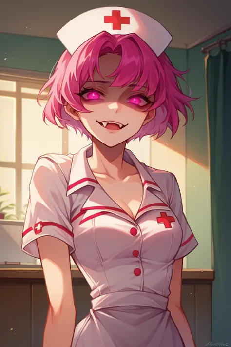 score_9, score_8_up, score_7_up, digital painting, 1girl, solo, <lora:NSNeimiFE8:0.8>  NSNeimiFE8, short hair, pink eyes, nurse outfit, evil face, indoors, miniskirt, single fang, shaded face, high contrast, glowing eyes