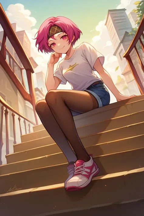 score_9, score_8_up, score_7_up, digital painting, 1girl, solo, <lora:NSNeimiFE8:1>  NSNeimiFE8, short hair, pink eyes, headband, white t-shirt, denim shorts, pantyhose under shorts, pantyhose, sitting, stairs, outdoors, city, sneakers, dutch angle, full body, from below, looking at the viewer, smug