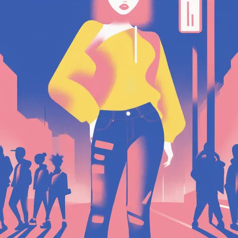 <lora:Illustration_-StyleXL_kk:1>, an image of a cute drawing illustration in a neon Flare jeans standing somewhere, in the style of ross tran, gadgetpunk, street scene, charming anime characters, hyper-realistic details, hikari shimoda, Fujifilm X-T4, Sony FE 85mm f/1. 4 GM
