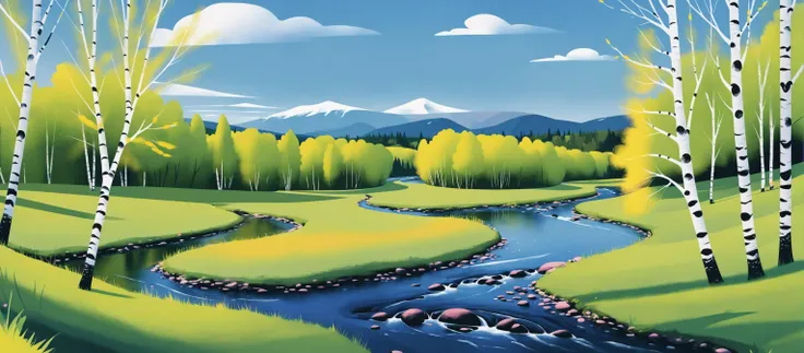illstyle, illustration style, panoramic view of a small river with birches in a spring valley, <lora:Illustration_-StyleXL_kk:1>, immersive composition, perfect artwork, colorburst