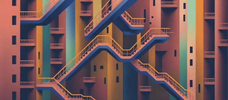 illstyle, illustration style, surreal cityscape where staircases and pathways defy gravity, creating an intricate maze, <lora:Illustration_-StyleXL_kk:1>, rainbow colors