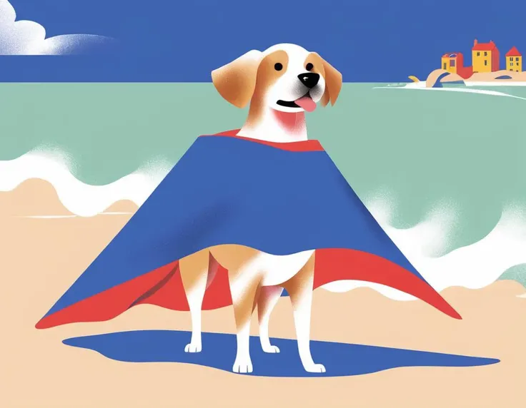 <lora:Illustration_-StyleXL_kk:1> illstyle, illustration style, Superpup: Dog wearing a superhero cape, standing majestically on a toy box, as if guarding its treasured toys., a slender cute drawing illustration, full body, swimming in the ocean, sunshine background, cartooncore