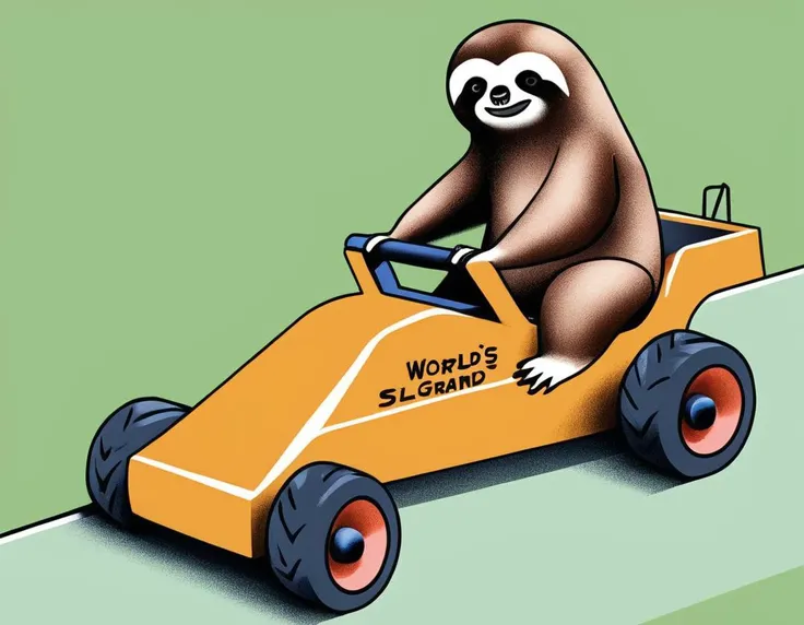<lora:Illustration_-StyleXL_kk:1> illstyle, illustration style, Sloth Speed Race: Sloths "racing" on a track, with a sign that reads: "World's Slowest Grand Prix.", Photo of a cute drawing illustration - cute drawing illustration hybrid standing on a Hedge trimmer, macro lens