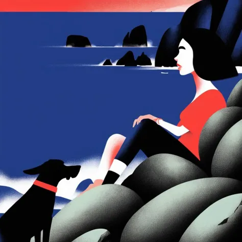 illstyle, illustration style, a closeup of a woman and a dog on boulders overlooking the ocean at sunset, red blue and black, <lora:Illustration_-StyleXL_kk:1>