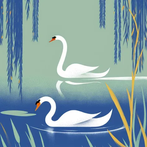 illstyle, illustration style, a swan on a lake, willow hanging over the water <lora:Illustration_-StyleXL_kk:1>