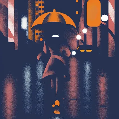 illstyle, illustration style, a woman with an umbrella walking down a street at night in the rain with buildings in the background and a city light <lora:Illustration_-StyleXL_kk:1>