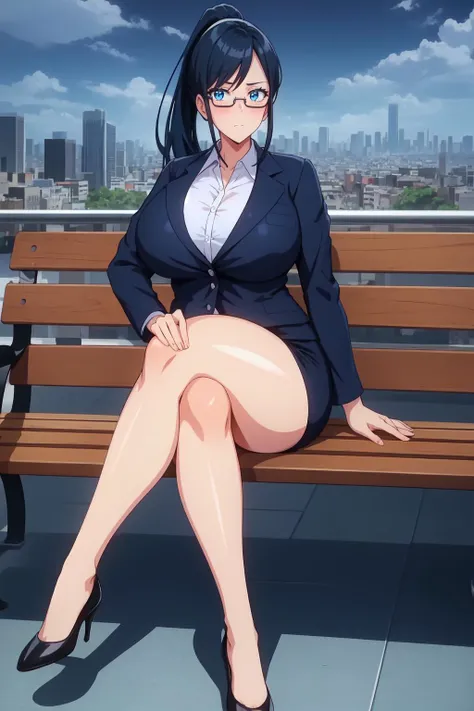(high quality:1.1), detailed, cinematic lighting, shadows, official art,
TakamineAyako, 1girl, solo, mature female, milf, full body, sitting on bench, crossed legs, hand on own ankle,
looking at viewer, confident, determined, blush,
black hair, blue hair, long hair, ponytail, eyelashes, blue eyes, semi-rimless eyewear
black blazer, white shirt, pencil skirt, 
curvy, large breasts, thighs,
city park, day, complex background, absurdres, sky,
<lora:TakamineAyako:1>