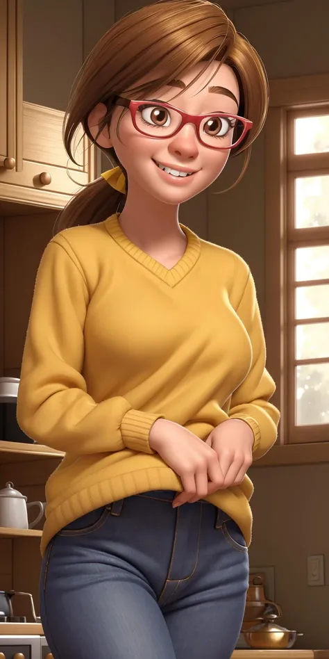 (best quality:1.4),(shiny skin), body focus, (cute face), (((best quality))), illustration, ((Beautiful Finger)), , Beautiful body, Beautiful character design, ,perfect lighting, Colorful, Bright_Front_face_Lighting, ultra high res, highres, absurdres:1.2, bokeh:1.2, lens flare, (vibrant_color:1.2), (Beautiful, small breasts:1.4),  
Golden Chestnut Brown hair, (brown eyes:1.2), red-framed glasses, indoors, kitchen, (yellow sweater), <lora:Rileys_Mom:1>, (chubby face:1), good eyes, (pinkish skin:1.2), mature body, ponytail, tall, detailed eyes, mature woman, closed mouth, jeans, short hair, looking at the viewer, smile, bridal hair, teeth,