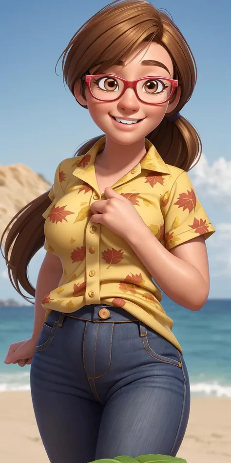 (best quality:1.4),(shiny skin), body focus, (cute face), (((best quality))), illustration, ((Beautiful Finger)), , Beautiful body, Beautiful character design, ,perfect lighting, Colorful, Bright_Front_face_Lighting, ultra high res, highres, absurdres:1.2, bokeh:1.2, lens flare, (vibrant_color:1.2), (Beautiful, small breasts:1.4),
Golden Chestnut Brown hair, (brown eyes:1.2), red-framed glasses, outdoors, ocean, sand, (yellow shirt with leaf patterns), <lora:Rileys_Mom:1>, (chubby face:1), good eyes, (pinkish skin:1.2), mature body, ponytail, tall, detailed eyes, mature woman, closed mouth, jeans, short hair, looking at the viewer, smile, bridal hair, teeth,