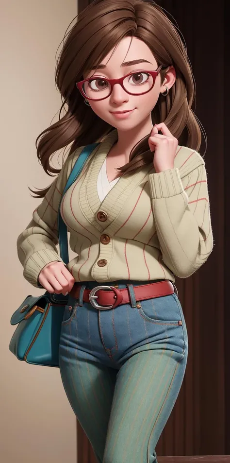 (best quality:1.4),(shiny skin), body focus, (cute face), (((best quality))), illustration, ((Beautiful Finger)), , Beautiful body, Beautiful character design, ,perfect lighting, Colorful, Bright_Front_face_Lighting, ultra high res, highres, absurdres:1.2, bokeh:1.2, lens flare, (vibrant_color:1.2), (Beautiful, medium breasts:1.4),  <lora:Rileys_Mom2:1>,Female character, brown hair, mid-length hair, side bangs, glasses, red frames, brown eyes, striped cardigan, multicolored stripes, brown belt, silver buckle, blue jeans, brown shoes, pale skin, green purse, earrings