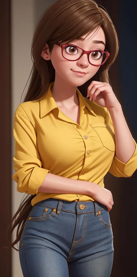 (best quality:1.4),(shiny skin), body focus, (cute face), (((best quality))), illustration, ((Beautiful Finger)), , Beautiful body, Beautiful character design, ,perfect lighting, Colorful, Bright_Front_face_Lighting, ultra high res, highres, absurdres:1.2, bokeh:1.2, lens flare, (vibrant_color:1.2), (Beautiful, medium breasts:1.4), <lora:Rileys_Mom2:1>,Female character, brown hair, mid-length hair, side bangs, glasses, red frames, brown eyes, serious expression, yellow blouse, jeans