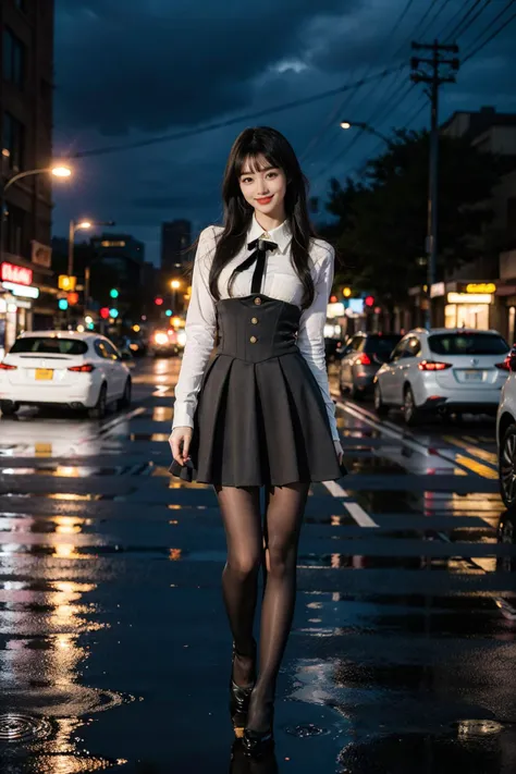 best quality, masterpiece, photorealistic, 1girl, solo, full body, standing, long black hair, straight hair, blunt bangs, looking at viewer, smile, cyb skirt, cyb shirt, high-waist skirt, black pantyhose, neon lights, city lights, neck ribbon, in street, people, shop, detailed background, night, rain, <lora:dating_attire_vol1_style6_v1:0.7>