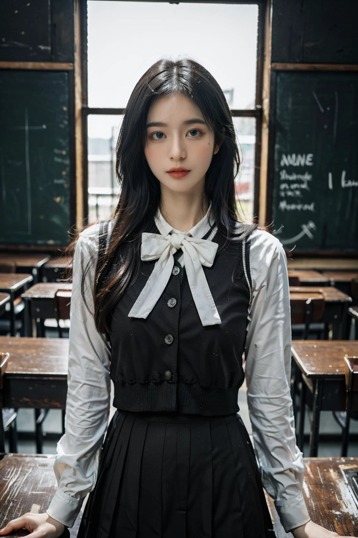 ((masterpiece), (best quality), ultra high res, (raw photo:1.2), (photorealistic:1.4), Exceptional detail, dramatic lighting, highres, 8k, absurdres, solo, looking at viewer,
CN Girl6, 1girl, black hair, long hair, dating attire, dating, classroom, agers,
<lora:Stunning Beauty - 002:0.5>, <lora:dating_attire_style1_v1:0.75>