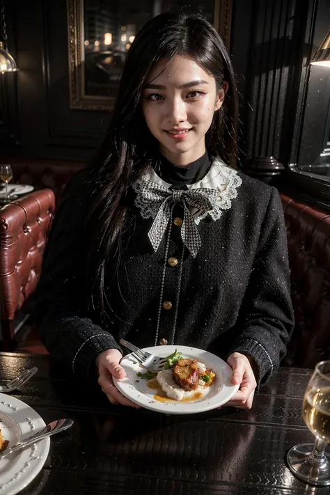(realistic:1.3), finely detailed, quality, rembrandt lighting, (masterpiece:1.2), (photorealistic:1.2), (best quality), (detailed skin:1.3), (intricate details), dramatic, ray tracing, 1girl, japanese girl, 21 years old, detailed skin texture, (blush:0.5), (goosebumps:0.5), subsurface scattering, smiling, medium breasts, updo hair, braid, bangs, hair between eyes, dating attire, bow, jacket, sitting, (pov across table:1.2), (indoors, french restaurant, romantic lighting, french cuisine on plate, cutlery), <lora:dating_attire_style5_v1:0.6>