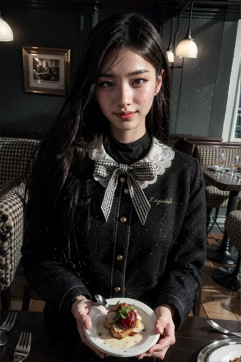 (realistic:1.3), finely detailed, quality, rembrandt lighting, (masterpiece:1.2), (photorealistic:1.2), (best quality), (detailed skin:1.3), (intricate details), dramatic, ray tracing, 1girl, japanese girl, 21 years old, detailed skin texture, (blush:0.5), (goosebumps:0.5), subsurface scattering, smiling, medium breasts, updo hair, braid, bangs, hair between eyes, dating attire, bow, jacket, sitting, (pov across table, elbows on table:1.2), (indoors, french restaurant, romantic lighting, french cuisine on plate, cutlery), <lora:dating_attire_style5_v1:0.6>