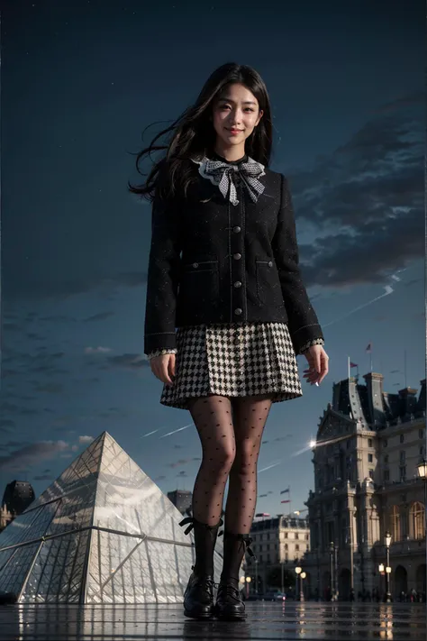 (realistic:1.3), finely detailed, quality, rembrandt lighting, (masterpiece:1.2), (photorealistic:1.2), (best quality), (detailed skin:1.3), (intricate details), dramatic, ray tracing, 1girl, japanese girl, 21 years old, detailed skin texture, (blush:0.5), (goosebumps:0.5), subsurface scattering, smiling, medium breasts, updo hair, braid, bangs, hair between eyes, dating attire, bow, jacket, skirt, pantyhose, bow socks, black footwear, (outdoors, night, night sky, Louvre (glass pyramid:1.2)),  <lora:dating_attire_style5_v1:0.6>