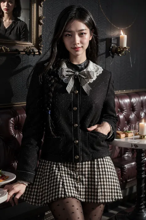 (realistic:1.3), finely detailed, quality, rembrandt lighting, (masterpiece:1.2), (photorealistic:1.2), (best quality), (detailed skin:1.3), (intricate details), dramatic, ray tracing, 1girl, japanese girl, 21 years old, detailed skin texture, (blush:0.5), (goosebumps:0.5), subsurface scattering, smiling, medium breasts, updo hair, braid, bangs, hair between eyes, dating attire, bow, jacket, skirt, pantyhose, pov across table, elbows on table, (indoors, french restaurant, candlelight dinner), <lora:dating_attire_style5_v1:0.6>
