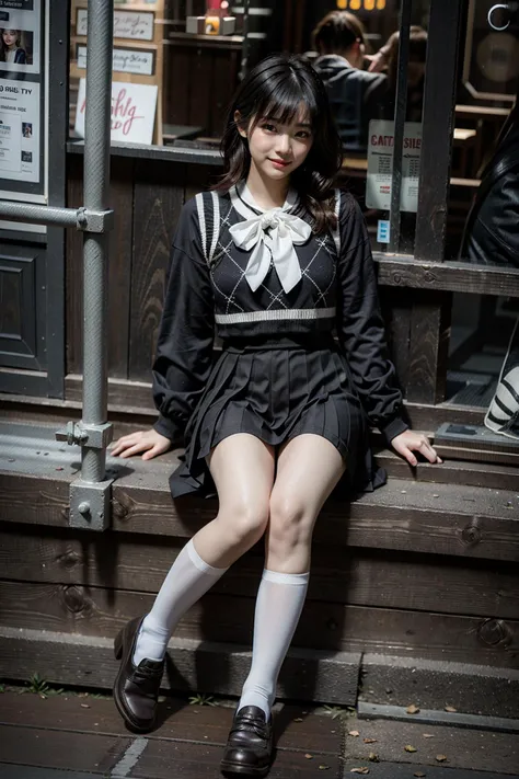 best quality, quality, masterpiece, photorealistic, sitting, 1girl, solo, full body, slime girl, dating attire, socks, black shoes, cafe, coffee, depth of field, depth of field, window, detailed background, <lora:dating_attire_style1_v1:0.75>