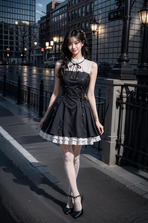 (realistic:1.3), finely detailed, quality, rembrandt lighting, (masterpiece:1.2), (photorealistic:1.2), (best quality), (detailed skin:1.3), (intricate details), dramatic, ray tracing, 1girl, japanese girl, 21 years old, detailed skin texture, (blush:0.5), (goosebumps:0.5), subsurface scattering, smiling, medium breasts, short hair curls, bangs, hair between eyes, short dress, frills trim, sleeveless, dating dress, pantyhose, high heels, full body, (bright sunny day), <lora:dating_attire_style3_v1:0.7>