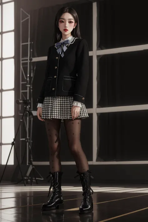 highres,absurdres,masterpiece,best quality,original,extremely detailed CG,extremely detailed wallpaper,perfect lighting,jitome,lips,makeup,standing on the stage,blurry background,
<lora:dating_attire_style5_v1:0.6>,dating attire,bow,jacket,skirt,pantyhose,bow socks,black footwear,high heel boots,