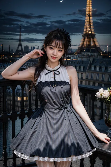 (realistic:1.3), finely detailed, quality, rembrandt lighting, (masterpiece:1.2), (photorealistic:1.2), (best quality), (detailed skin:1.3), (intricate details), dramatic, ray tracing, 1girl, japanese girl, 21 years old, detailed skin texture, (blush:0.5), (goosebumps:0.5), subsurface scattering, smiling, medium breasts, updo hair, bangs, hair between eyes, short dress, frills trim, sleeveless, dating dress, pantyhose, (cute pose:1.1), (night, night sky, paris, eiffel tower), <lora:dating_attire_style3_v1:0.7>