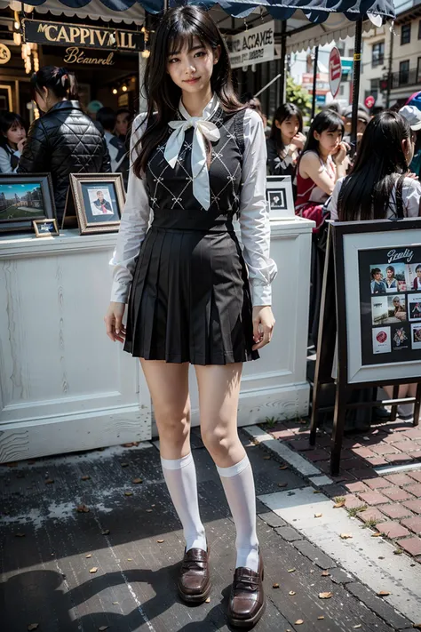 (realistic:1.3), finely detailed, quality, rembrandt lighting, (masterpiece:1.2), (photorealistic:1.2), (best quality), (detailed skin:1.3), (intricate details), dramatic, ray tracing, 1girl, japanese girl, 21 years old, detailed skin texture, (blush:0.5), (goosebumps:0.5), subsurface scattering, smiling, medium breasts, short hair curls, bangs, hair between eyes, dating attire, white socks, black shoes, dynamic pose, (bright sunny day, outdoors, carnival, ferris wheel), <lora:dating_attire_style1_v1:0.7>