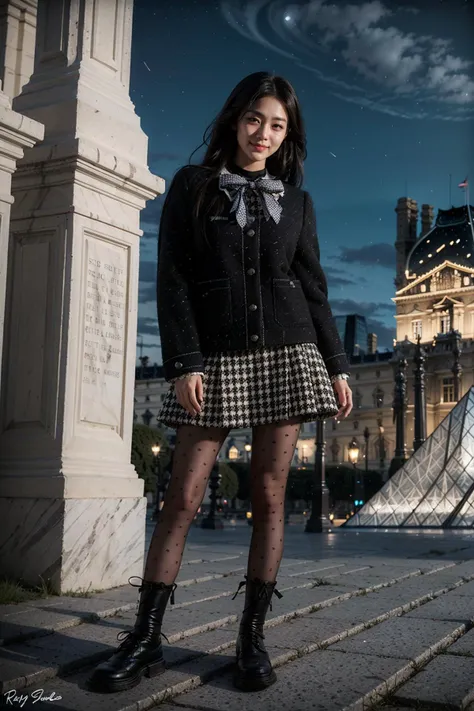 (realistic:1.3), finely detailed, quality, rembrandt lighting, (masterpiece:1.2), (photorealistic:1.2), (best quality), (detailed skin:1.3), (intricate details), dramatic, ray tracing, 1girl, japanese girl, 21 years old, detailed skin texture, (blush:0.5), (goosebumps:0.5), subsurface scattering, smiling, medium breasts, updo hair, braid, bangs, hair between eyes, dating attire, bow, jacket, skirt, pantyhose, bow socks, black footwear, (outdoors, night, night sky, (Louvre Pyramid:1.1)),  <lora:dating_attire_style5_v1:0.6>