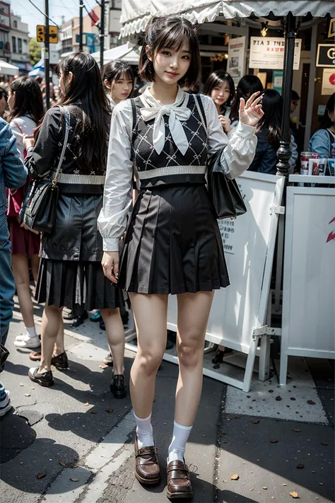 (realistic:1.3), finely detailed, quality, rembrandt lighting, (masterpiece:1.2), (photorealistic:1.2), (best quality), (detailed skin:1.3), (intricate details), dramatic, ray tracing, 1girl, japanese girl, 21 years old, detailed skin texture, (blush:0.5), (goosebumps:0.5), subsurface scattering, smiling, medium breasts, short hair curls, bangs, hair between eyes, dating attire, white socks, black shoes, dynamic pose, (bright sunny day, outdoors, carnival, ferris wheel), <lora:dating_attire_style1_v1:0.7>