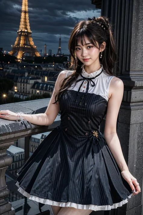 (realistic:1.3), finely detailed, quality, rembrandt lighting, (masterpiece:1.2), (photorealistic:1.2), (best quality), (detailed skin:1.3), (intricate details), dramatic, ray tracing, 1girl, japanese girl, 21 years old, detailed skin texture, (blush:0.5), (goosebumps:0.5), subsurface scattering, smiling, medium breasts, updo hair, bangs, hair between eyes, short dress, frills trim, sleeveless, dating dress, pantyhose, (cute pose:1.1), (night, night sky, paris, eiffel tower), <lora:dating_attire_style3_v1:0.7>