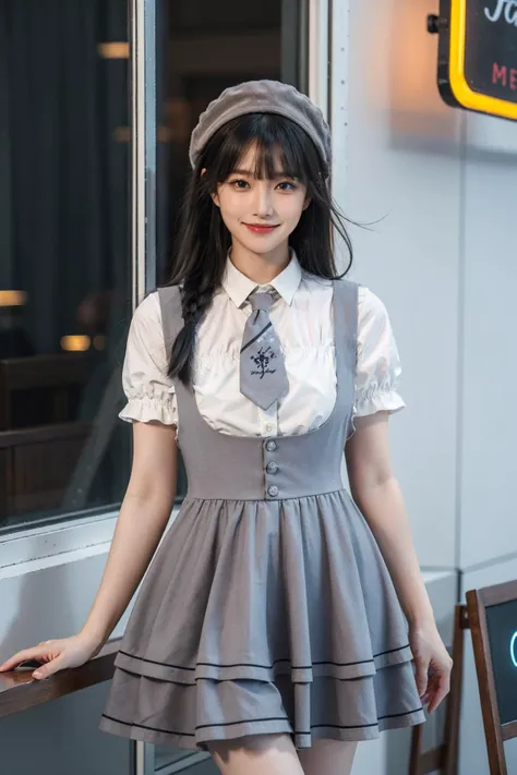 best quality, quality, masterpiece, photorealistic, cowboy shot, 1girl, solo, long black hair, straight hair, blunt bangs, looking at viewer, smile, cyb dress, cyb shirt, cyb skirt, necktie, suspender skirt, suspenders, hat, cafe, window, night, neon light, crowd, colorful, <lora:dating_attire_style4_v1:0.65>