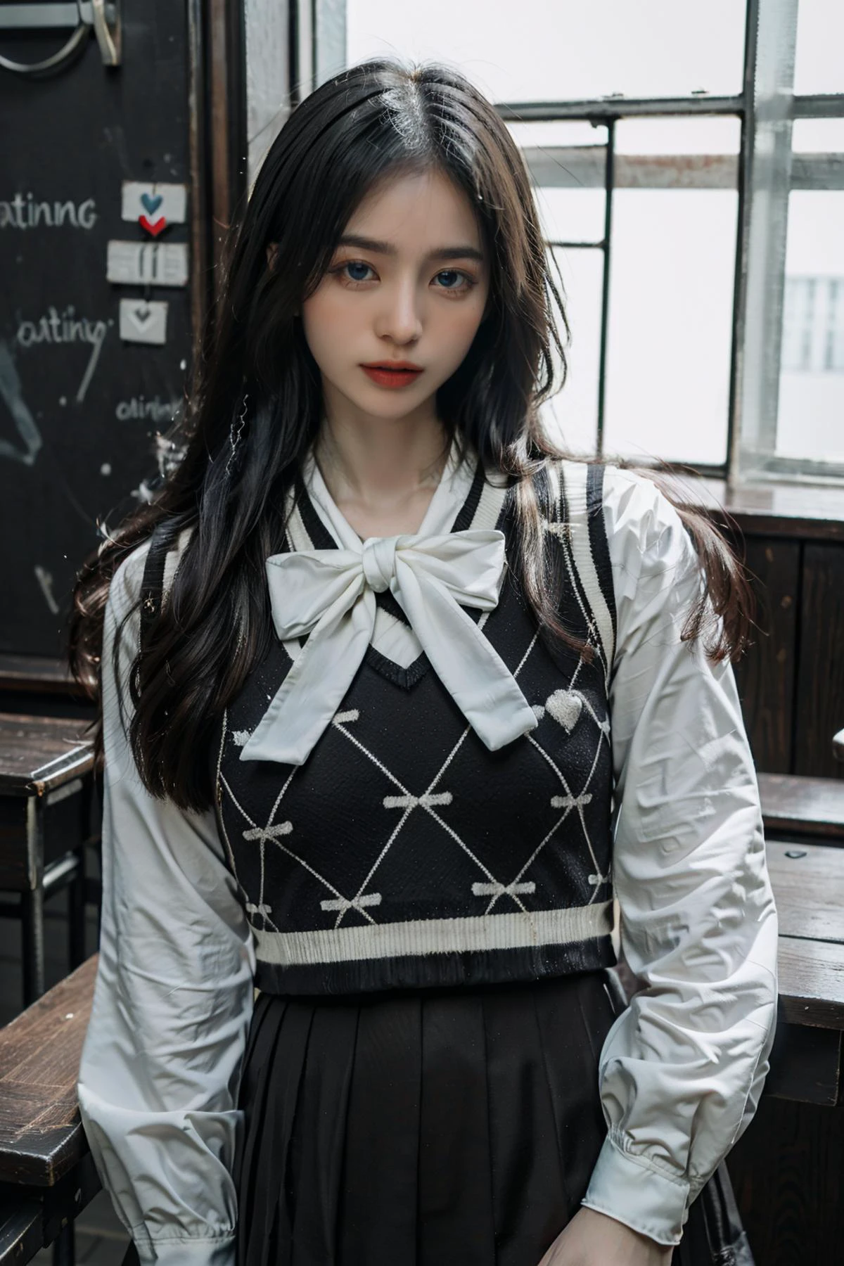 ((masterpiece), (best quality), ultra high res, (raw photo:1.2), (photorealistic:1.4), Exceptional detail, dramatic lighting, highres, 8k, absurdres, solo, looking at viewer,
CN Girl6, 1girl, black hair, long hair, (dating attire:1.8), dating, classroom, many people in classroom, indoor,
<lora:Stunning Beauty - 002:0.5>, <lora:dating_attire_style1_v1:0.85>