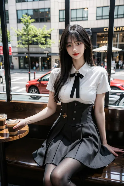 best quality, masterpiece, photorealistic, 1girl, solo, full body, sitting, long black hair, straight hair, blunt bangs, looking at viewer, smile, cyb skirt, cyb shirt, high-waist skirt, black pantyhose, holding coffee, in cafe, window, detailed background, <lora:dating_attire_vol1_style6_v1:0.7>