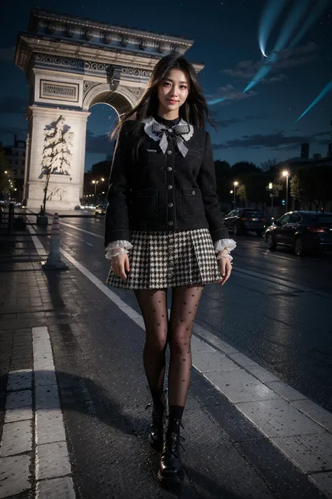 (realistic:1.3), finely detailed, quality, rembrandt lighting, (masterpiece:1.2), (photorealistic:1.2), (best quality), (detailed skin:1.3), (intricate details), dramatic, ray tracing, 1girl, japanese girl, 21 years old, detailed skin texture, (blush:0.5), (goosebumps:0.5), subsurface scattering, smiling, medium breasts, updo hair, braid, bangs, hair between eyes, dating attire, bow, jacket, skirt, pantyhose, bow socks, black footwear, (outdoors, night, night sky, (arc de triomphe:1.1)), <lora:dating_attire_style5_v1:0.6>