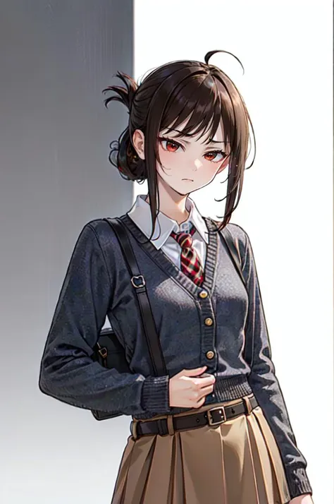 <lora:dating_attire_style2_v2:0.55> dating attire, sweater jacket, necktie, collared shirt, brown skirt, belt,, ultra detailed, masterpiece, best quality, aesthetic, detailed,, solo, frown,
1girl, red eyes, <lora:Tsurime3:1>, (tsurime:1.2), (brown hair:1.3), medium hair, (asymmetrical bangs, swept bangs, cowlick:1.35), flipped hair, <lora:foldedponytail:0.8> foldedponytail, folded ponytail, (small breasts:1.3),