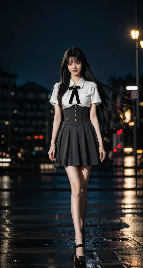xiao yi xian cinematic photo best quality,masterpiece,photorealistic,1girl,solo,full body,standing,long black hair,straight hair,blunt bangs,looking at viewer,smile,cyb skirt,cyb shirt,high-waist skirt,black pantyhose,high heels,neon lights,city lights,neck ribbon,outdoors,people,shop,detailed background,night,rain,<lora:dating_attire_vol1_style6_v1:0.7>,. 35mm photograph,film,bokeh,professional,4k,highly detailed,