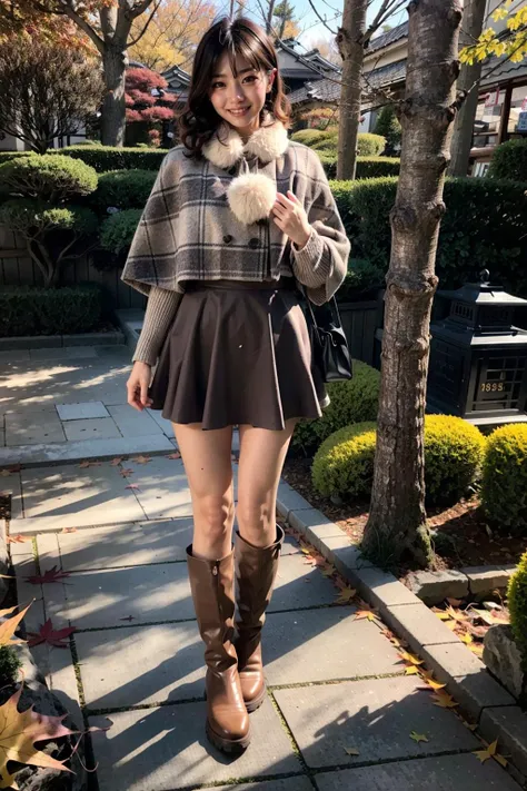 (realistic:1.3), finely detailed, quality, rembrandt lighting, (masterpiece:1.2), (photorealistic:1.2), (best quality), (detailed skin:1.3), (intricate details), dramatic, ray tracing, 1girl, japanese girl, 21 years old, detailed skin texture, (blush:0.5), (goosebumps:0.5), subsurface scattering, smiling, medium breasts, short hair curls, bangs, hair between eyes, cyb skirt, long sleeves, capelet, wool ball scarf, scarf, boots, full body, strolling, (bright sunny day, outdoors, japanese garden, trees, bushes, (autumn scene:1.2), sky), <lora:dating_attire_style7_v1:0.6>
