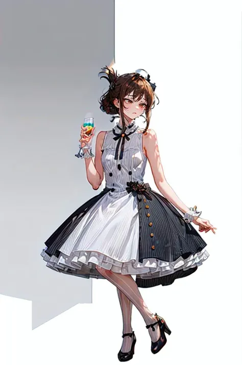 <lora:dating_attire_style3_v1:0.7> dating dress, pantyhose, high heels,, ultra detailed, masterpiece, best quality, aesthetic, detailed,, solo, frown,
1girl, red eyes, <lora:Tsurime3:1>, (tsurime:1.2), (brown hair:1.3), medium hair, (asymmetrical bangs, swept bangs, cowlick:1.35), flipped hair, <lora:foldedponytail:0.8> foldedponytail, folded ponytail, (small breasts:1.3),