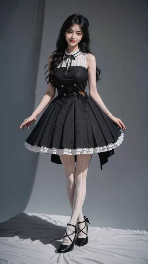 best quality,quality,masterpiece,photorealistic,1girl,solo,standing,long black hair,blunt bangs,looking at viewer,smile,full body,dating dress,pantyhose,high heels,simple background,<lora:dating_attire_style3_v1:0.65>,studio,