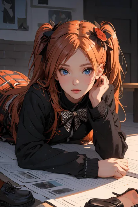 masterpiece,8k high quality detailed,highres,anime,,illustration \(art_book\),
(an illustration of a female,illustration \(female\),(solo)),
,NatalieEBF,1girl,long hair,red hair,orange hair,(<lora:dating_attire_style5_v1:0.6>, dating attire,bow,jacket,skirt,pantyhose,bow socks,black footwear),twintails,ahoge,hair ornament,hair flower,blue eyes,medium breasts,Raised brow with a questioning look,detailed_face,
((Resting on one elbow while lying down,on stomach)),
(,realistic clothing texture,realistic_skin_texture),<lora:velvia:0.6>,<lora:NatalieEBF:0.7>,<lora:more_details:0.3>