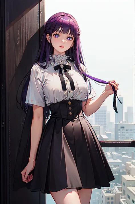 <lora:dating_attire_vol1_style6_v1:0.55> cyb skirt, cyb shirt, high-waist skirt, neck ribbon,   <lora:Fern:1> FernFrieren, very long hair, purple eyes, (purple pupils),, ultra detailed, masterpiece, best quality, aesthetic, detailed,