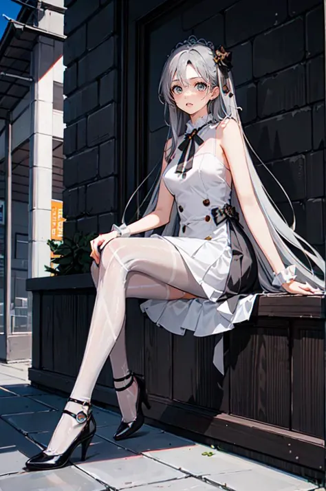 <lora:dating_attire_style3_v1:0.55> dating dress, pantyhose, high heels,, ultra detailed, masterpiece, best quality, aesthetic, detailed,, serious, 1girl, (white eyes:1.1), (grey eyes:1.3), white hair, very long hair, parted hair, parted bangs, <lora:parted_hair_v1.3:1.3>, medium breasts,