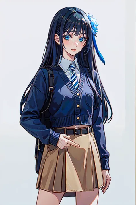 <lora:dating_attire_style2_v2:0.55> dating attire, sweater jacket, necktie, collared shirt, brown skirt, belt, <lora:MabelLaybelleV1:0.85> mabel, blue eyes, blue long hair, hair_flower,, ultra detailed, masterpiece, best quality, aesthetic, detailed,