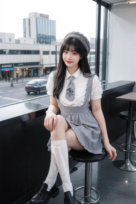 best quality,quality,masterpiece,photorealistic,1girl,solo,sitting,long black hair,straight hair,blunt bangs,looking at viewer,smile,cyb dress,cyb shirt,cyb skirt,necktie,suspender skirt,suspenders,hat,kneehighs,shoes,cafe,window,night,neon light,crowd,colorful,<lora:dating_attire_style4_v1:0.65>,