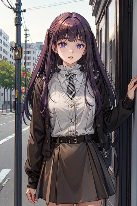 <lora:dating_attire_style2_v2:0.55> dating attire, sweater jacket, necktie, collared shirt, brown skirt, belt, <lora:Fern:1> FernFrieren, very long hair, purple eyes, (purple pupils),, ultra detailed, masterpiece, best quality, aesthetic, detailed,