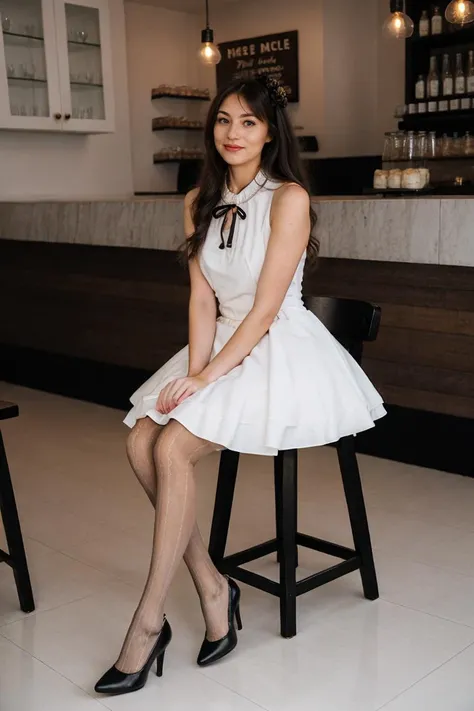1girl,in cafe,sitting on stool,dating dress,pantyhose,high heels,<lora:dating_attire_style3_v1:0.7>,