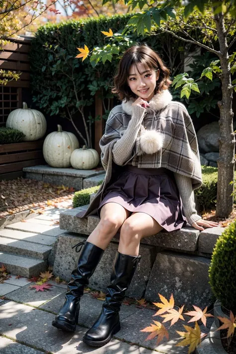 (realistic:1.3), finely detailed, quality, rembrandt lighting, (masterpiece:1.2), (photorealistic:1.2), (best quality), (detailed skin:1.3), (intricate details), dramatic, ray tracing, 1girl, japanese girl, 21 years old, detailed skin texture, (blush:0.5), (goosebumps:0.5), subsurface scattering, smiling, medium breasts, short hair curls, bangs, hair between eyes, cyb skirt, long sleeves, capelet, wool ball scarf, scarf, boots, full body, sitting, (bright sunny day, outdoors, japanese garden, trees, bushes, (autumn scene:1.2), sky), <lora:dating_attire_style7_v1:0.6>