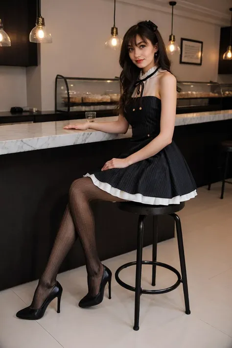 1girl,in cafe,sitting on stool,dating dress,pantyhose,high heels,<lora:dating_attire_style3_v1:0.7>,