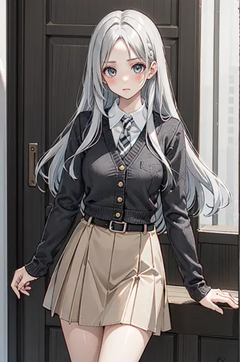 <lora:dating_attire_style2_v2:0.55> dating attire, sweater jacket, necktie, collared shirt, brown skirt, belt, (white hair:1.3),, ultra detailed, masterpiece, best quality, aesthetic, detailed,, serious, 1girl, (white eyes:1.1), (grey eyes:1.3), white hair, very long hair, parted hair, parted bangs, <lora:parted_hair_v1.3:1.3>, medium breasts,